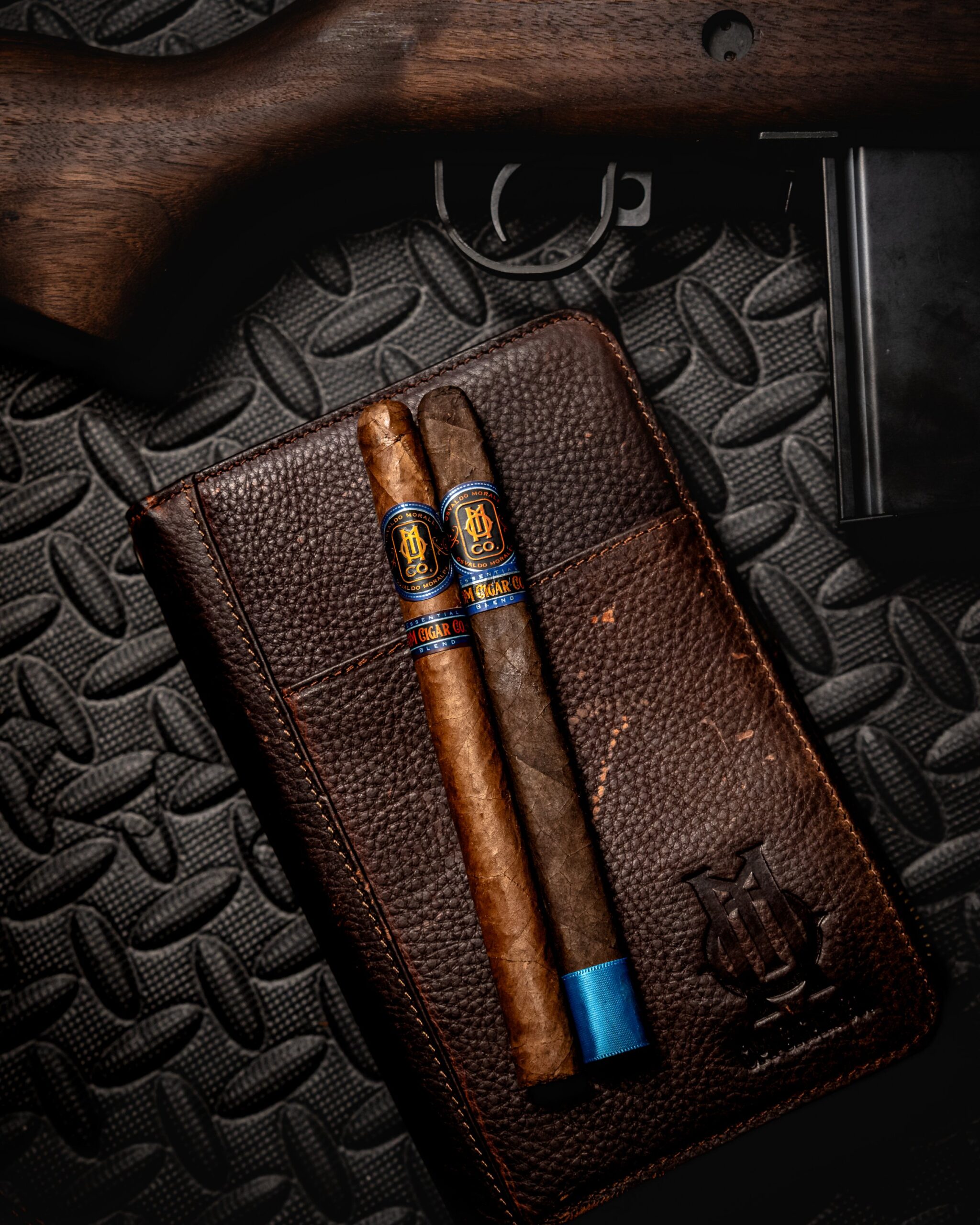 O.M Cigar Leather Cigar Case | O.M. Cigars accessory O.M Cigar Leather Cigar Case shown in an O.M. accessory display